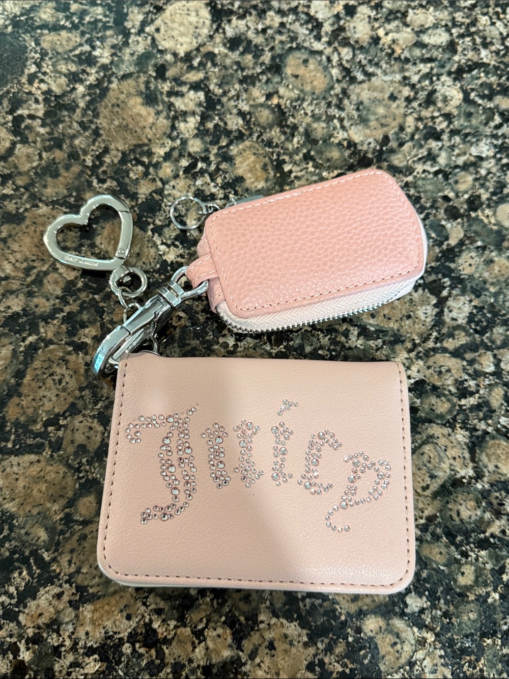 Juicy Couture Light Pink Crystal wallet and key fob case & Heart Keyring